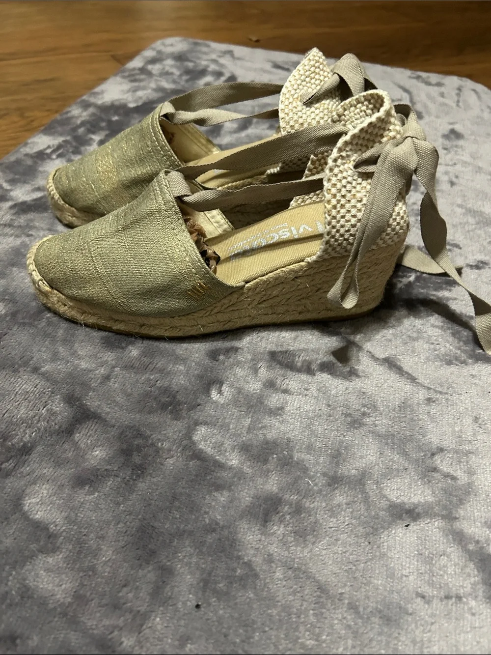 Viscata Espadrille canvas & tweed Wedge Sandals in Tan with Ankle Tie sz 35